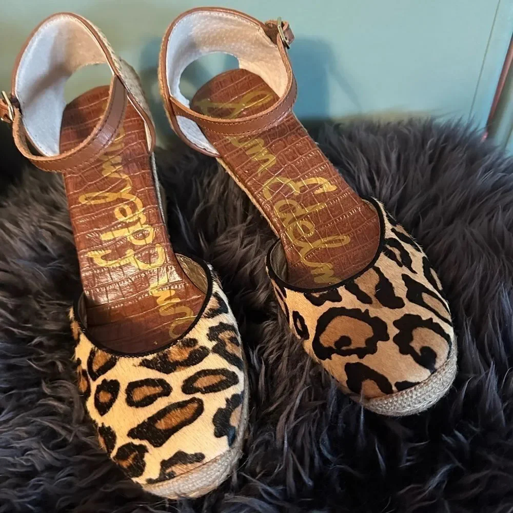 Sam Edelman Harmony Leopard Wedge espadrilles Sandals EUC SZ 9.5